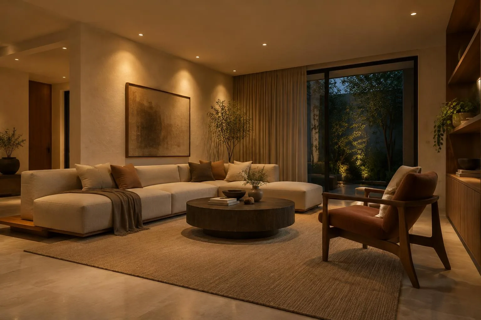 Warm living room illuminated by recessed ceiling downlights
